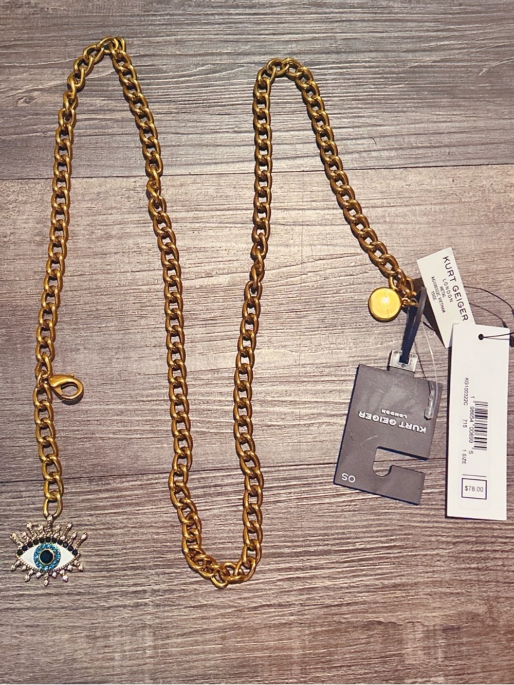 Kurt Geiger Gold Chain Belt with Sparkle Eye Pendant One Sz Ft All NWT